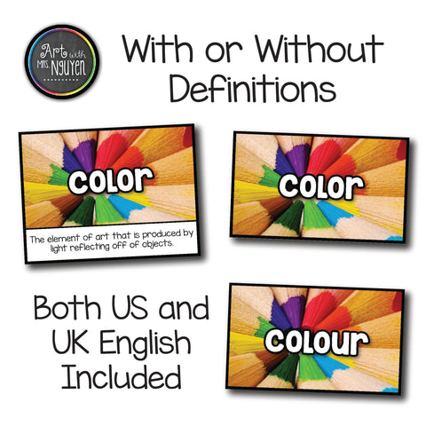 Elementary Art Word Wall Cards (With and Without Definitions)